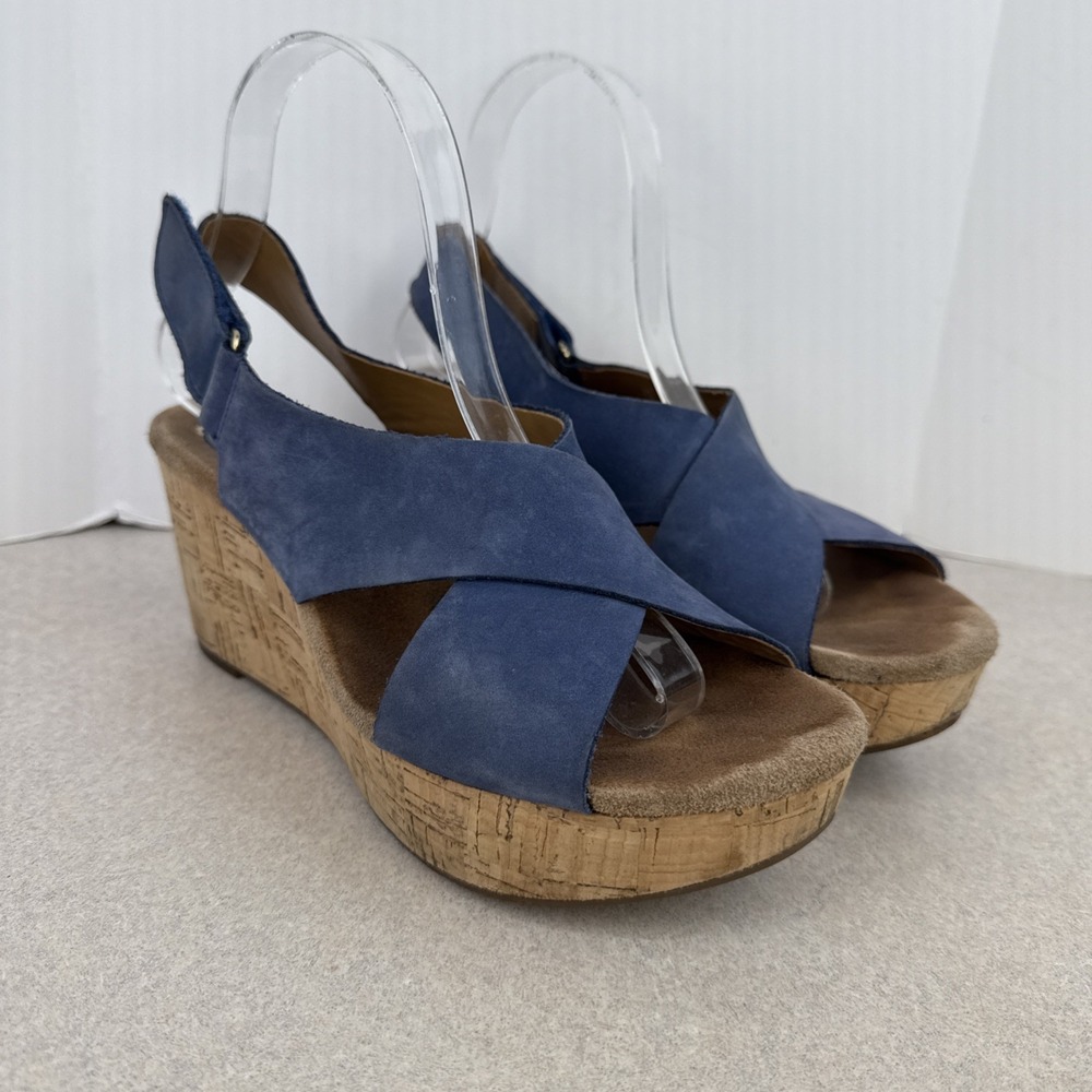 Women's Clark‎ Casylnn Shae Blue Wedge Slingback Peep Toe Sandal Size 8M